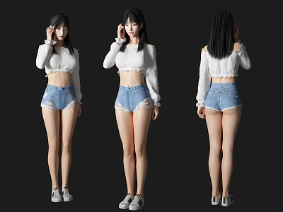 Woman In White Long Sleeve Top Blue Denim Shorts Gray Sneakers Black Hair Three Angles 3d model