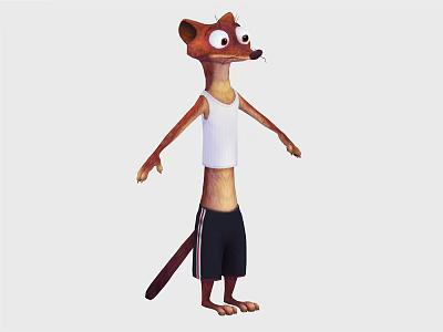 Cartoon Weasel Game Character in White Tank Top and Black Shorts Standing Pose 3d model
