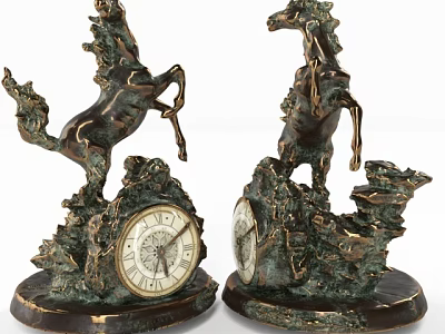 Brass Decorative Ornament Set with Horse Sculptures and Round Clocks on Ornate Bases 3d model