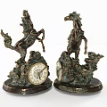 Brass Decorative Ornament Set with Horse Sculptures and Round Clocks on Ornate Bases