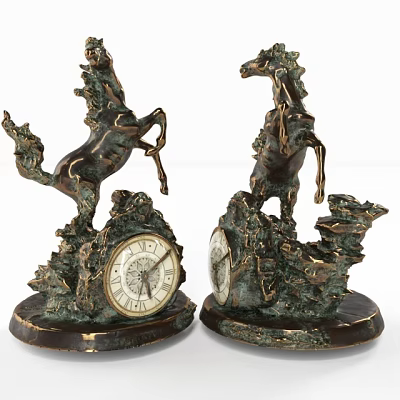 Brass Decorative Ornament Set with Horse Sculptures and Round Clocks on Ornate Bases 3d model