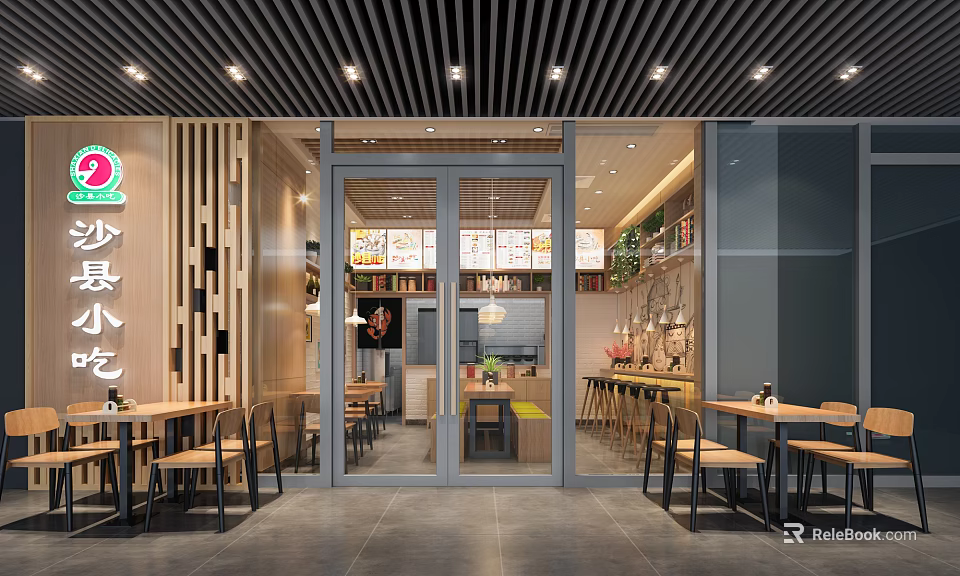 Modern Restaurant Interior Featuring Wooden Decor Glass Doors Dining Tables Chairs And Menu Boards 3d model 