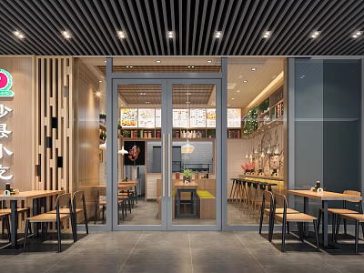 Modern Restaurant Interior Featuring Wooden Decor Glass Doors Dining Tables Chairs And Menu Boards 3d model