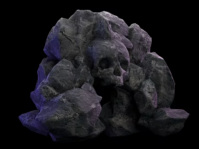 Mysterious Skull Nestled in Pile of Dark Rocks With Purple Lighting 3d model