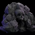 Mysterious Skull Nestled in Pile of Dark Rocks With Purple Lighting