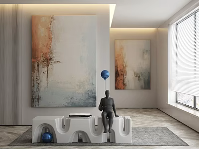 Abstract Paintings In Modern Interior With Sculpture White Bench Blue Balloon And Window 3d model