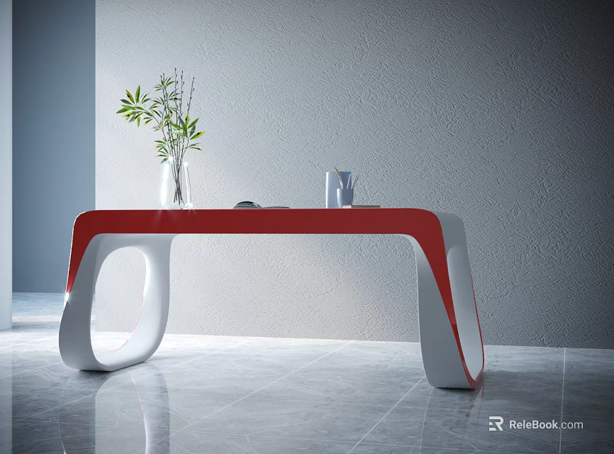 Red And White Modern Desk With Vase Plant And Cup Against Grey Wall And Floor 3d model 