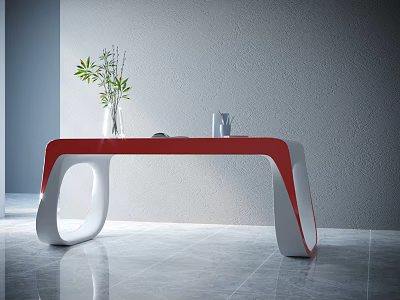 Red And White Modern Desk With Vase Plant And Cup Against Grey Wall And Floor 3d model