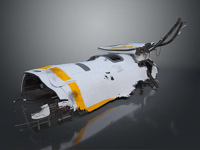 Damaged Aircraft Wreckage With White Fuselage Yellow Stripes And Broken Structure 3d model