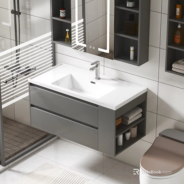 Modern Wall Mounted Bathroom Vanity With White Countertop Grey Cabinet Storage Shelves And Mirror 3d model 