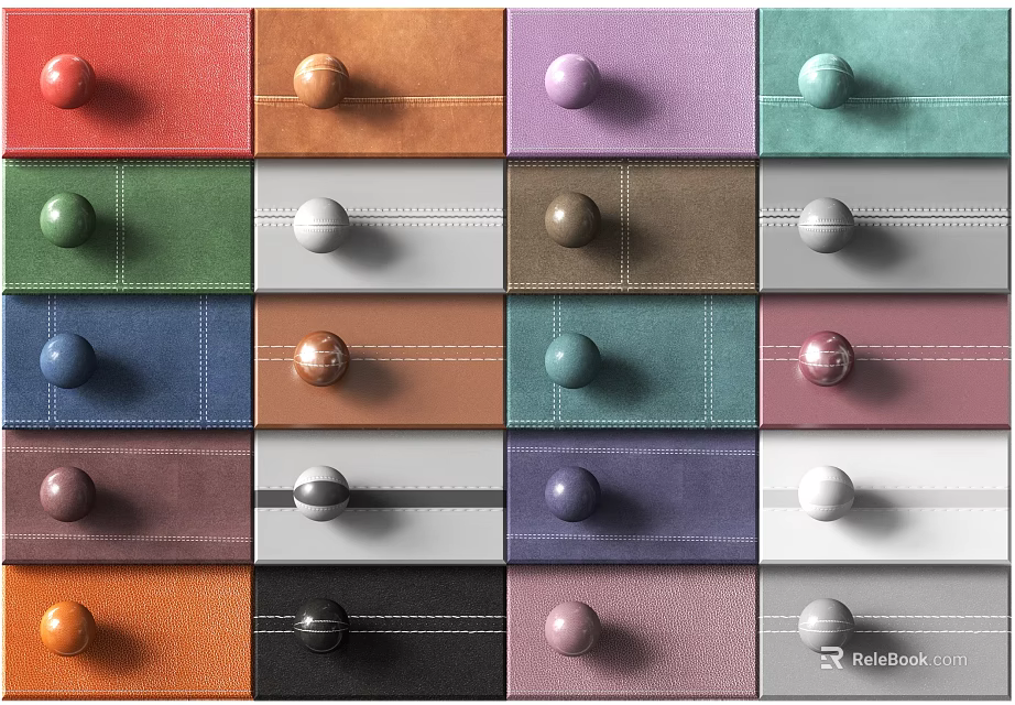 Colorful Round Drawer Knobs on Different Colored Drawer Panels in Grid Arrangement 3d model 