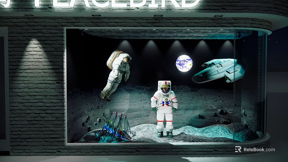 Creative Shop Window Display Featuring Astronauts Earth Spaceship On Moon Surface With Colorful Bottles 3d model 