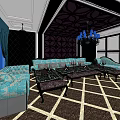 Luxurious KTV Interior Design With Blue Sofas Chandelier And Decorative Walls