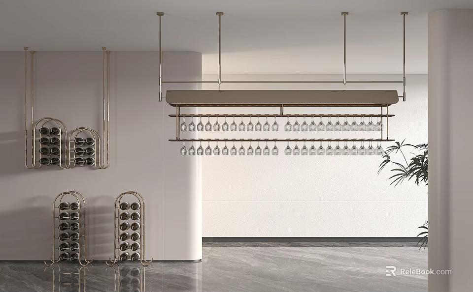 Modern Metal Storage Shelf Unit With Hanging Wine Glass Racks And Multiple Layers 3d model 