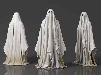 Three White Ghost Game and Movie Characters With Cloaks and Simple Faces 3d model