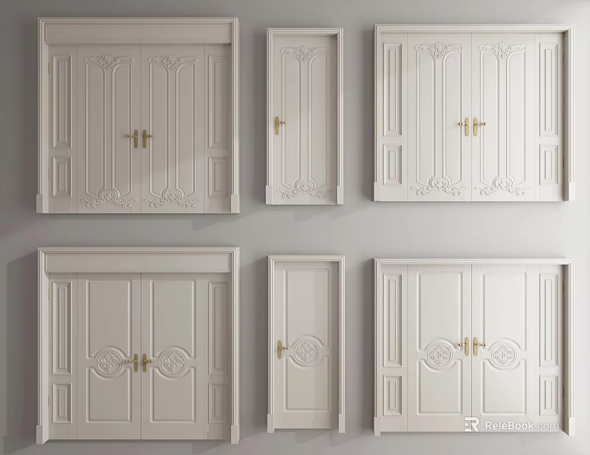 White Decorative Paneled Double Doors With Brass Handles And Various Designs For Home Interior 3d model 