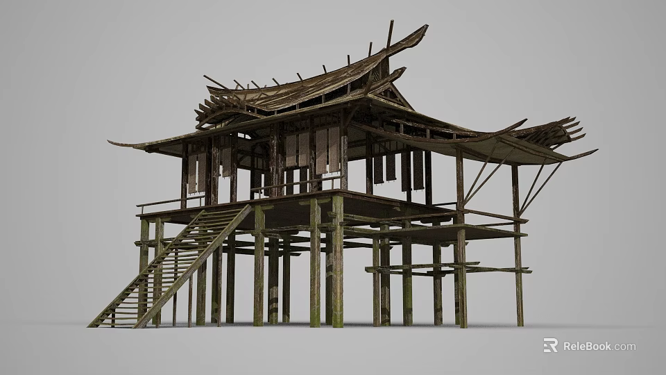 Ancient Architecture Traditional Wooden Structure With Unique Roof And Staircase Design 3d model 