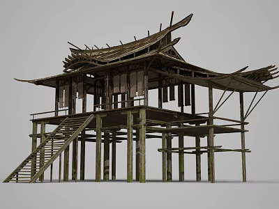 Ancient Architecture Traditional Wooden Structure With Unique Roof And Staircase Design 3d model