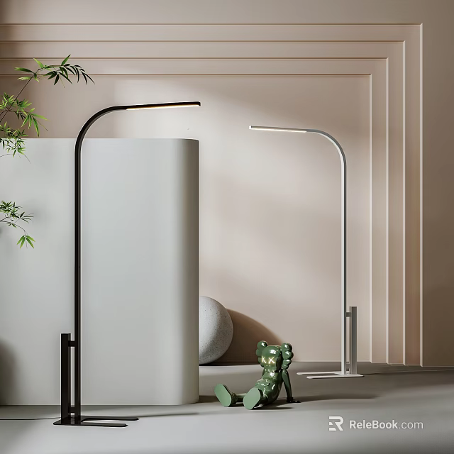 Modern Home Interior Floor Lamp With Sleek Black Silver Design And Green Plant 3d model 