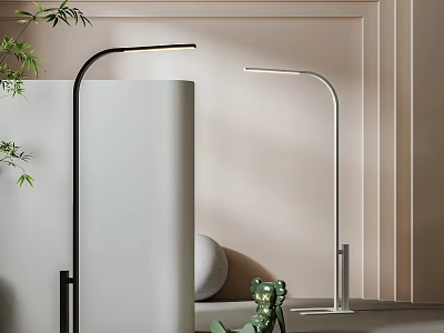 Modern Home Interior Floor Lamp With Sleek Black Silver Design And Green Plant 3d model