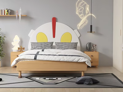 Wooden Children's Bed With Cartoon Headboard Red Exclamation Mark Yellow Eyes And Toys 3d model