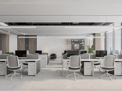 Modern Open Concept Public Office Area With White Desks Gray Chairs Large Windows Green Plants 3d model