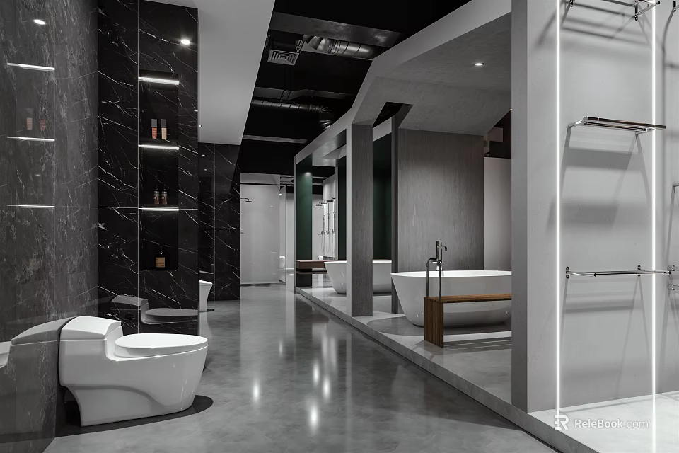 Modern Bathroom Interior With Dark Marble Walls Toilet Bathtub Shower Area And Shelves 3d model 
