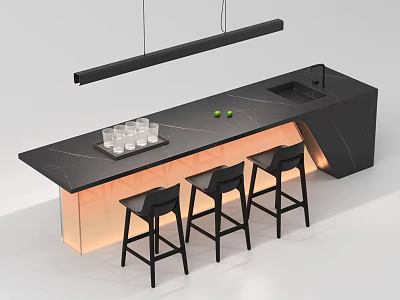 Modern Black Marble Bar Counter With Hanging Light Three Black Stools Glasses And Green Fruits 3d model