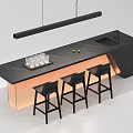 Modern Black Marble Bar Counter With Hanging Light Three Black Stools Glasses And Green Fruits