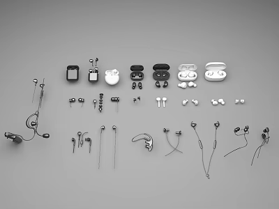 Various Types of Wireless Headphones with Charging Cases and Audio Accessories Collection 3d model