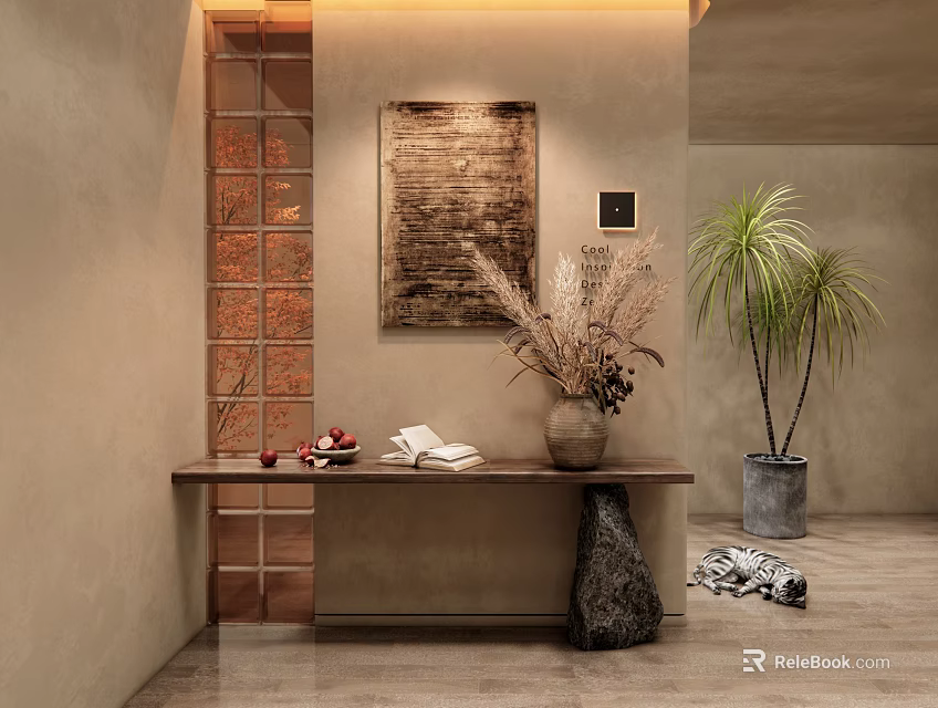 Entryway Hallway Interior Design With Decorative Painting Console Table And Potted Plant 3d model 