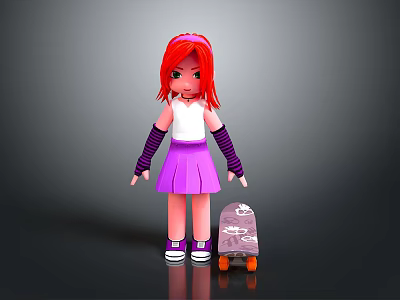 Cartoon Girl With Red Hair Wearing White Top Purple Skirt Purple Wristbands And Skateboard 3d model