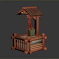 Traditional Wooden Well Model With Green Tiled Roof And Hanging Bucket