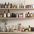 Perfumes and Cosmetics on Wooden Shelves with Various Bottles Jars Lipsticks Brushes
