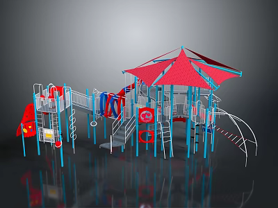 Colorful Children's Playground Equipment With Red Canopy Blue Frame Slide And Climbing Structures 3d model