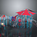 Colorful Children's Playground Equipment With Red Canopy Blue Frame Slide And Climbing Structures