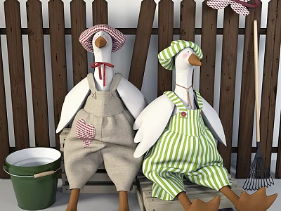 Cute Stuffed Duck Dolls In Overalls With Hats By Wooden Fence Green Bucket And Rake 3d model