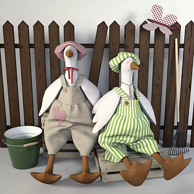 Cute Stuffed Duck Dolls In Overalls With Hats By Wooden Fence Green Bucket And Rake 3d model