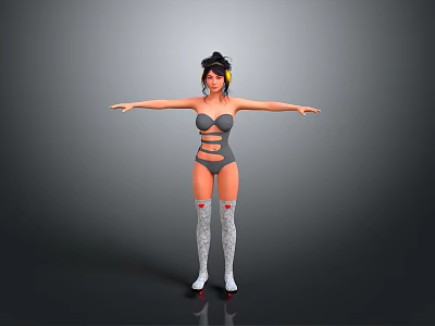 Woman With Arms Outstretched In Gray Bodysuit Headphones And Striped Stockings On Roller Skates 3d model