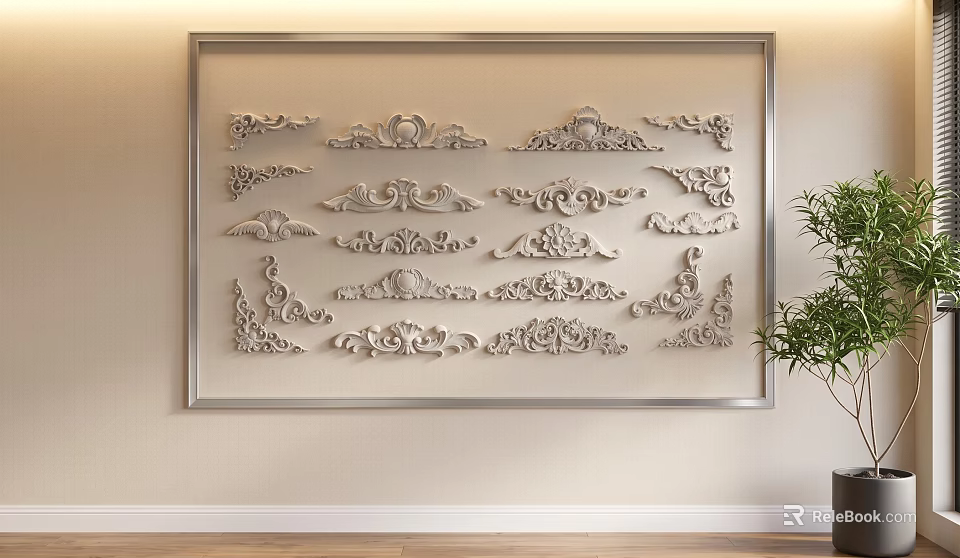 Wall Mounted Decorative Carvings With Various Classical Patterns And Framed 3d model 