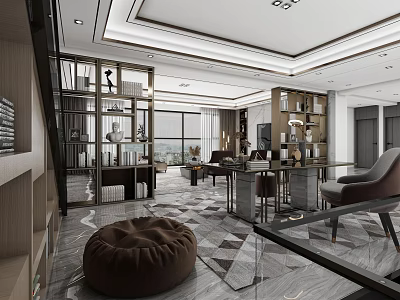 Modern Living Room Interior With Sofa Bookshelf Large Window And Geometric Rug 3d model