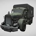 Vintage Dark Green Military Truck with Canvas Covered Cargo Bed Six Wheels and Side Emblem