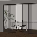 Modern Black Frame Glass Sliding Doors With Dining Table Chairs And Plant