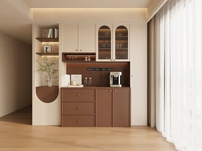 Modern Home Interior Featuring White And Brown Sideboard With Glass Doors Drawers And Open Shelves 3d model