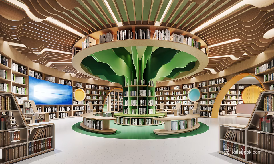 Book Art Themed Modern Library Interior With Circular Shelves And Green Tree Design 3d model 