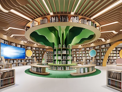 Book Art Themed Modern Library Interior With Circular Shelves And Green Tree Design 3d model