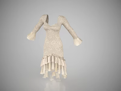 Elegant Ivory Long Sleeve Dress With Flared Cuffs And Layered Ruffled Hem 3d model