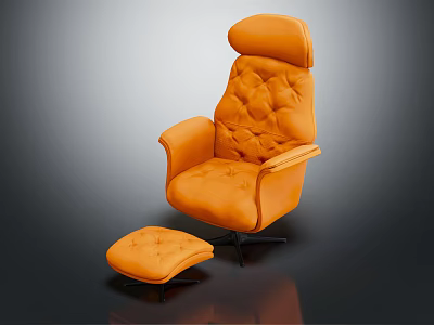 Elegant High Back Orange Tufted Leather Armchair with Ottoman and Swivel Black Base 3d model