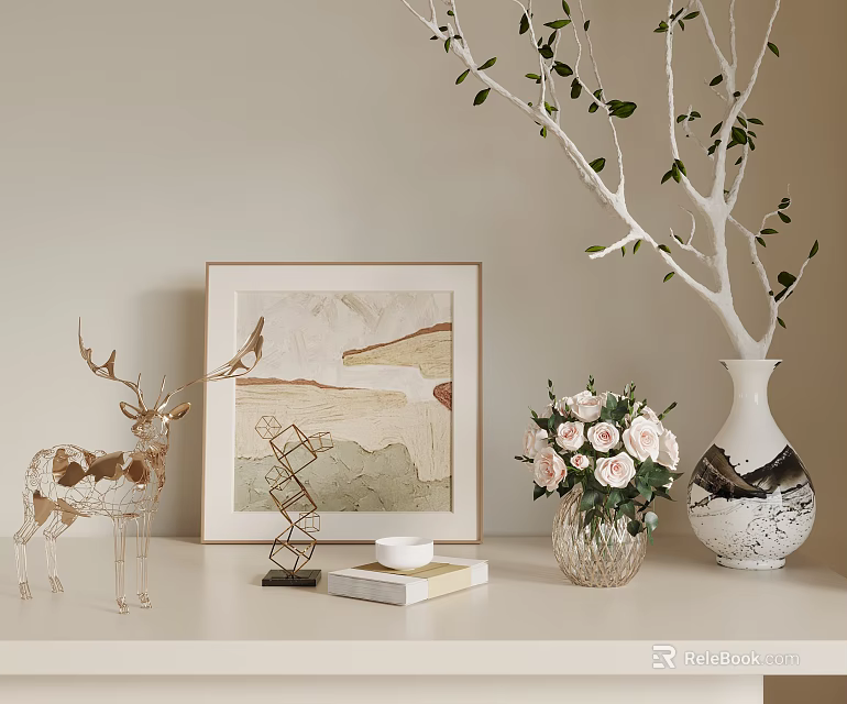 Elegant Decorative Ornament Set With Deer Bird Framed Painting Pink Flowers And White Branch 3d model 