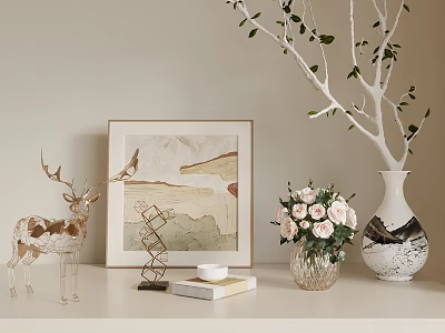 Elegant Decorative Ornament Set With Deer Bird Framed Painting Pink Flowers And White Branch 3d model